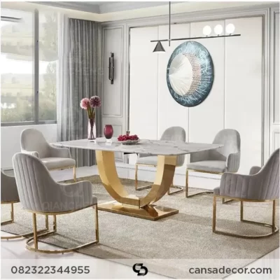 Meja Makan Granit Marmer Mewah Gold Kursi 6