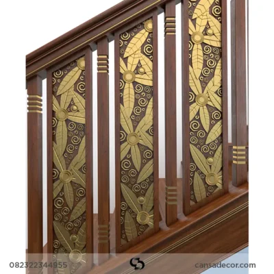 railing tangga kayu ukir motif daun