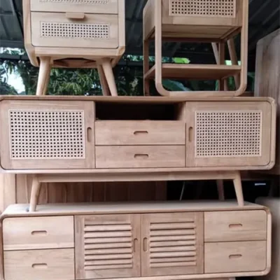 nakas panjang minimalis rotan Kayu jati solid jepara