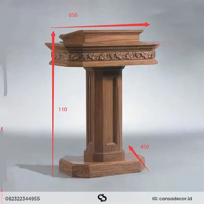Sketsa ukuran podium mimbar gereja minimalis modern kayu jati bentuk curve.