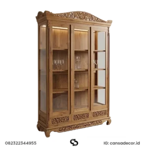 Lemari Hias Kaca Minimalis Jati Jepara 3 pintu