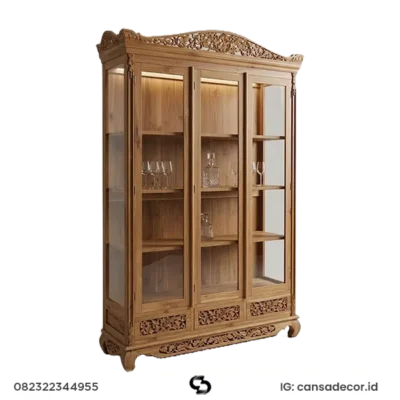 Lemari Hias Kaca Minimalis Jati Jepara 3 pintu