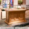 Desain meja altar gereja katolik model tertutup minimalis klasik dari kayu jati solid tebal kualitas premium.